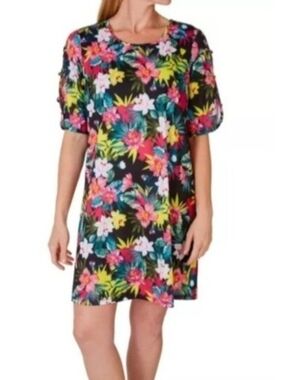 Caribbean Joe NWT Tropical Island Floral Print Shoulder Shift Dress SPF 50 Sz XL